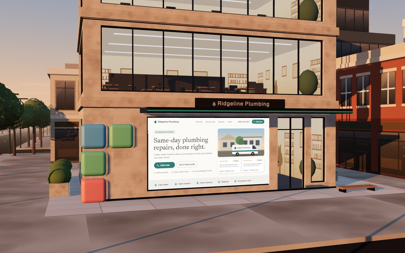 Illustration: the finished storefront on the same corner