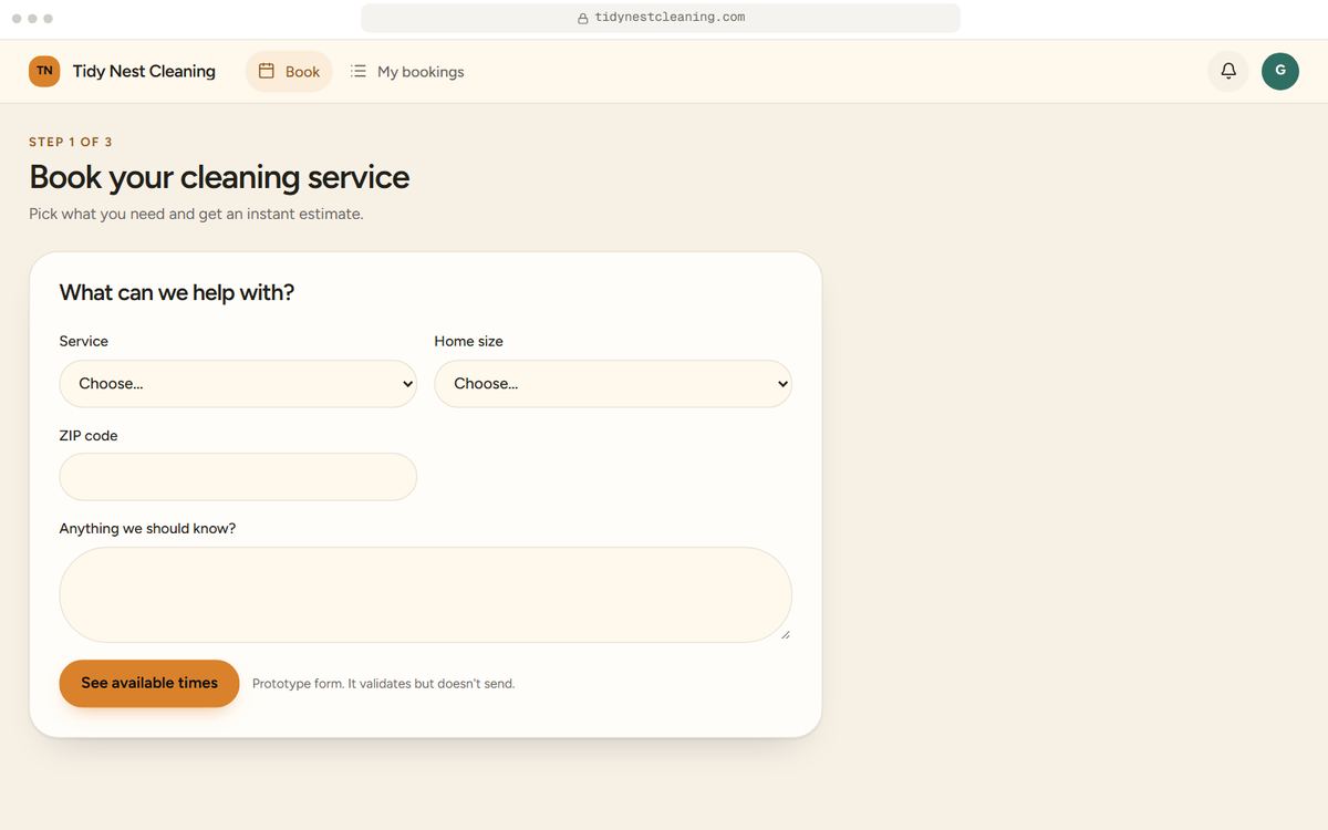 Booking and quote flow prototype, Choose service screen, for Tidy Nest Cleaning, a fictional business. Sample data.