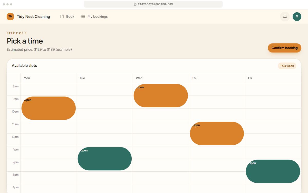 Booking and quote flow prototype, Pick a time screen, for Tidy Nest Cleaning, a fictional business. Sample data.