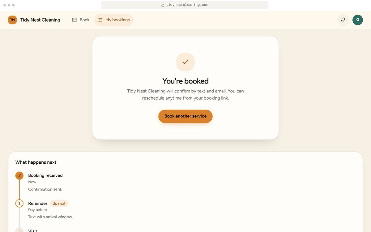 Booking and quote flow prototype, Confirmed screen, for Tidy Nest Cleaning, a fictional business. Sample data.