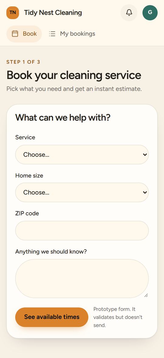 Booking and quote flow prototype, Choose service screen on a phone, for Tidy Nest Cleaning, a fictional business. Sample data.