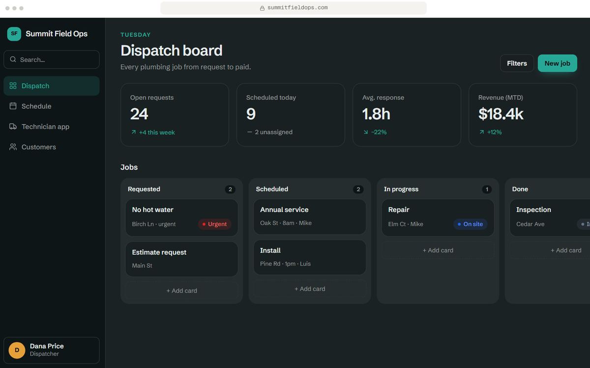 Field service dispatch prototype, Dispatch board screen, for Summit Field Ops, a fictional business. Sample data.