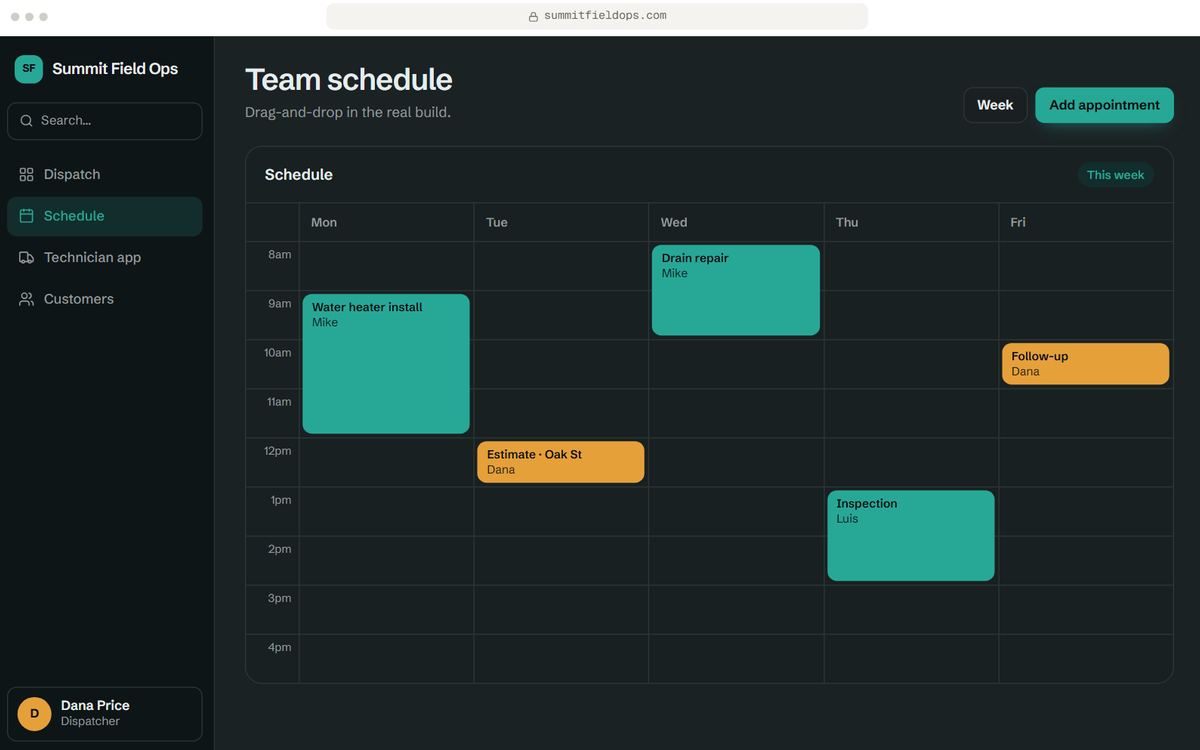 Field service dispatch prototype, Schedule screen, for Summit Field Ops, a fictional business. Sample data.