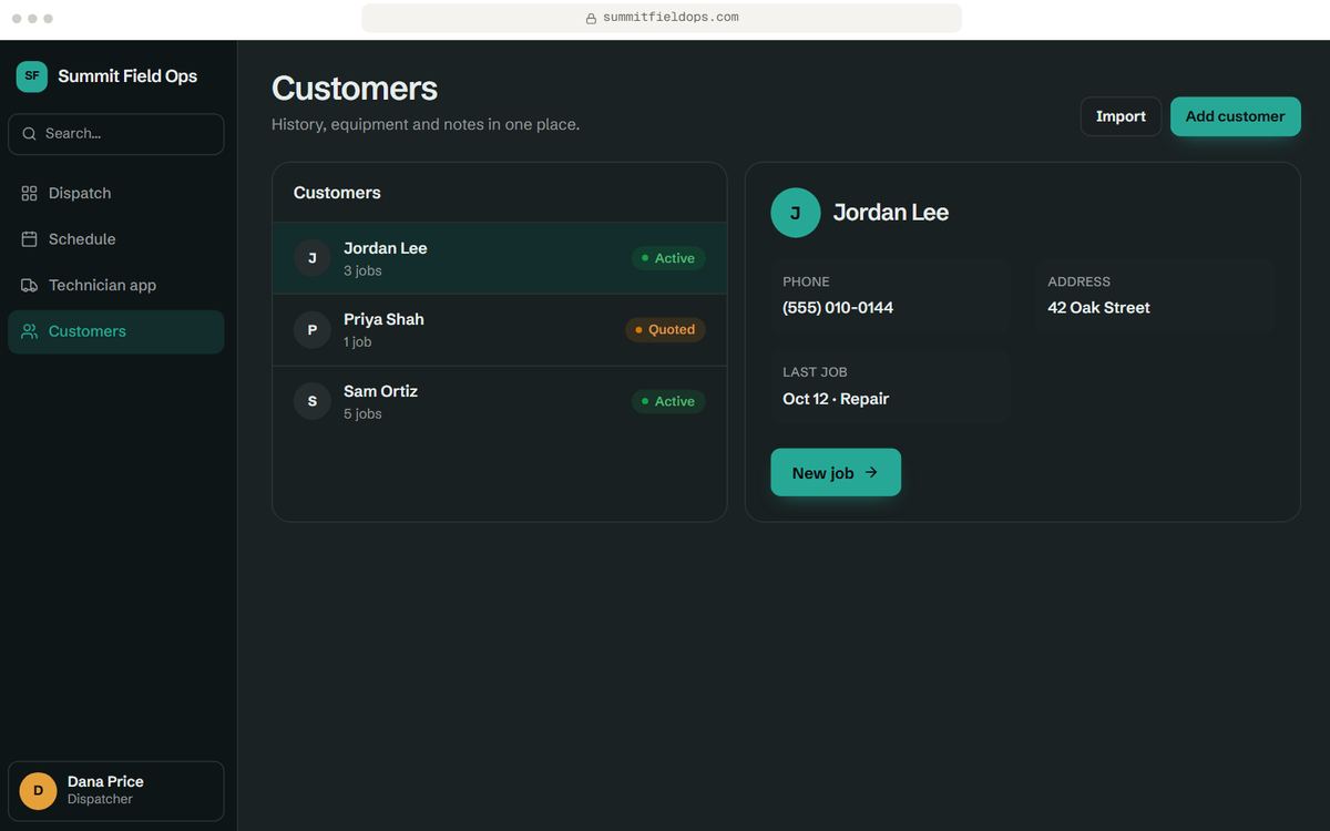Field service dispatch prototype, Customers screen, for Summit Field Ops, a fictional business. Sample data.