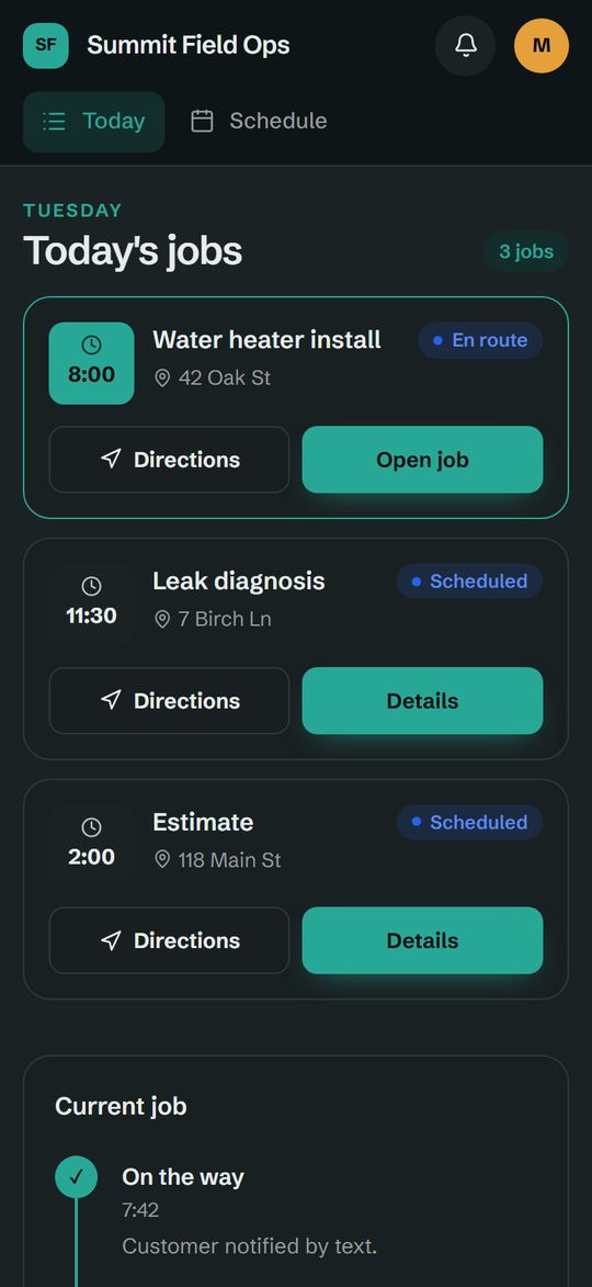 Field service dispatch prototype, Technician (mobile) screen on a phone, for Summit Field Ops, a fictional business. Sample data.
