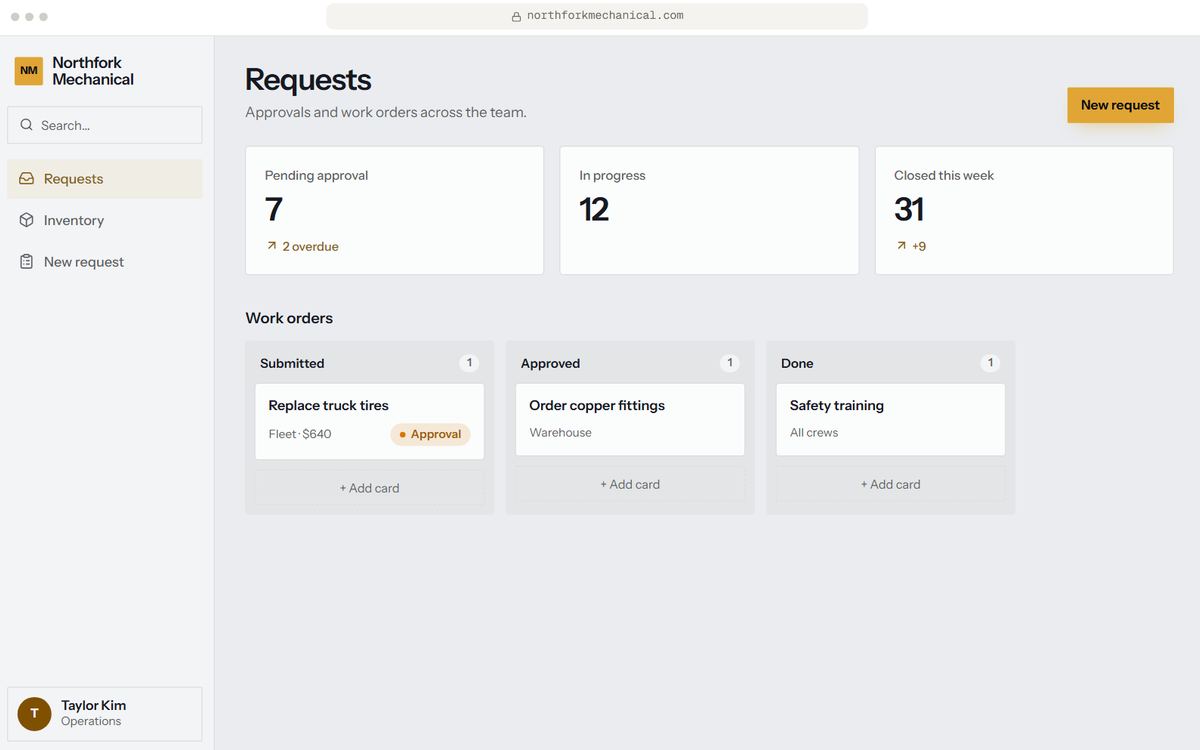 Internal ops tool prototype, Requests screen, for Northfork Mechanical, a fictional business. Sample data.