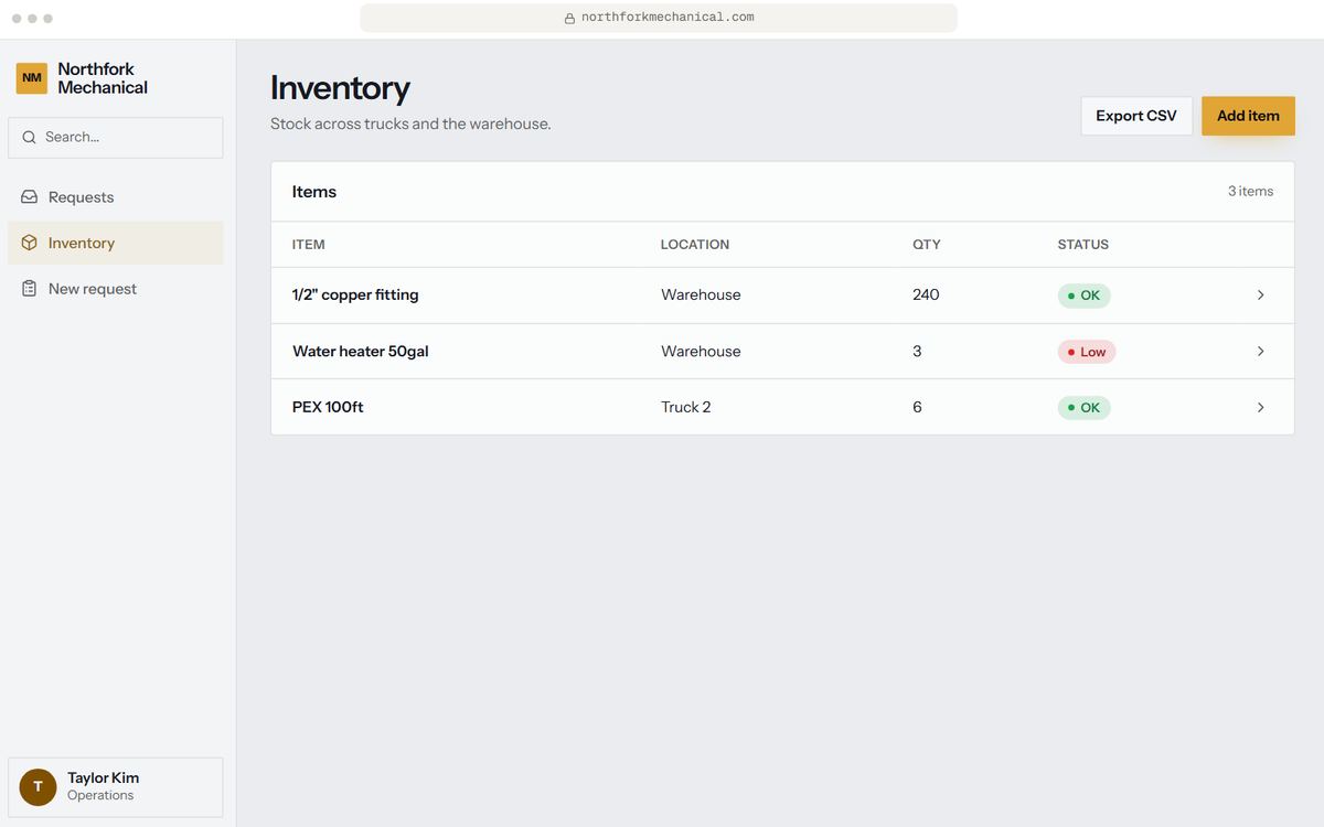 Internal ops tool prototype, Inventory screen, for Northfork Mechanical, a fictional business. Sample data.