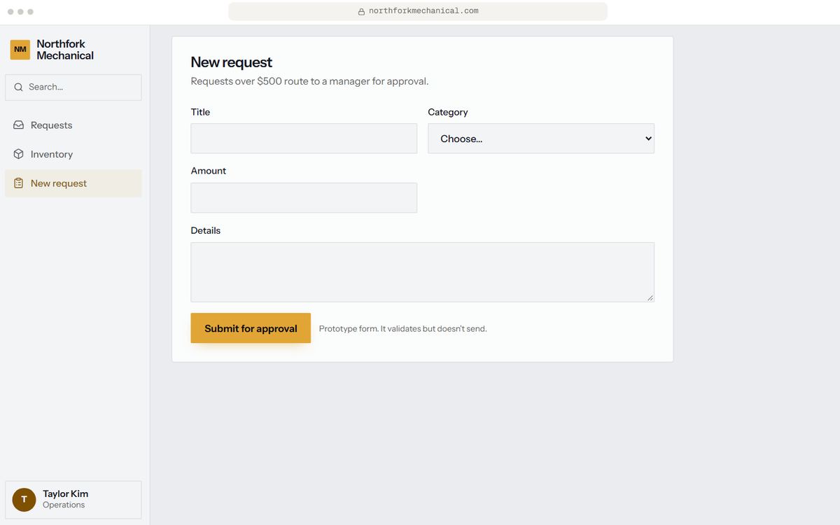 Internal ops tool prototype, New request screen, for Northfork Mechanical, a fictional business. Sample data.