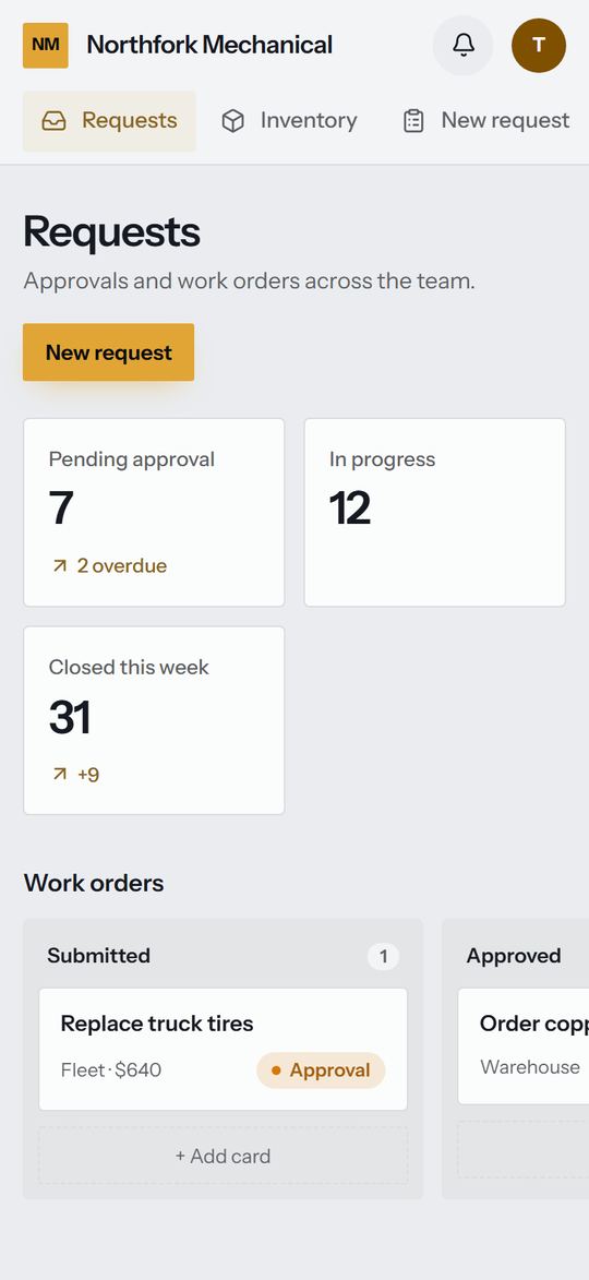 Internal ops tool prototype, Requests screen on a phone, for Northfork Mechanical, a fictional business. Sample data.