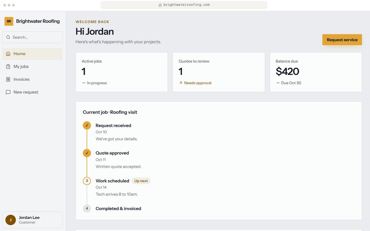 Customer portal prototype, Dashboard screen, for Brightwater Roofing, a fictional business. Sample data.