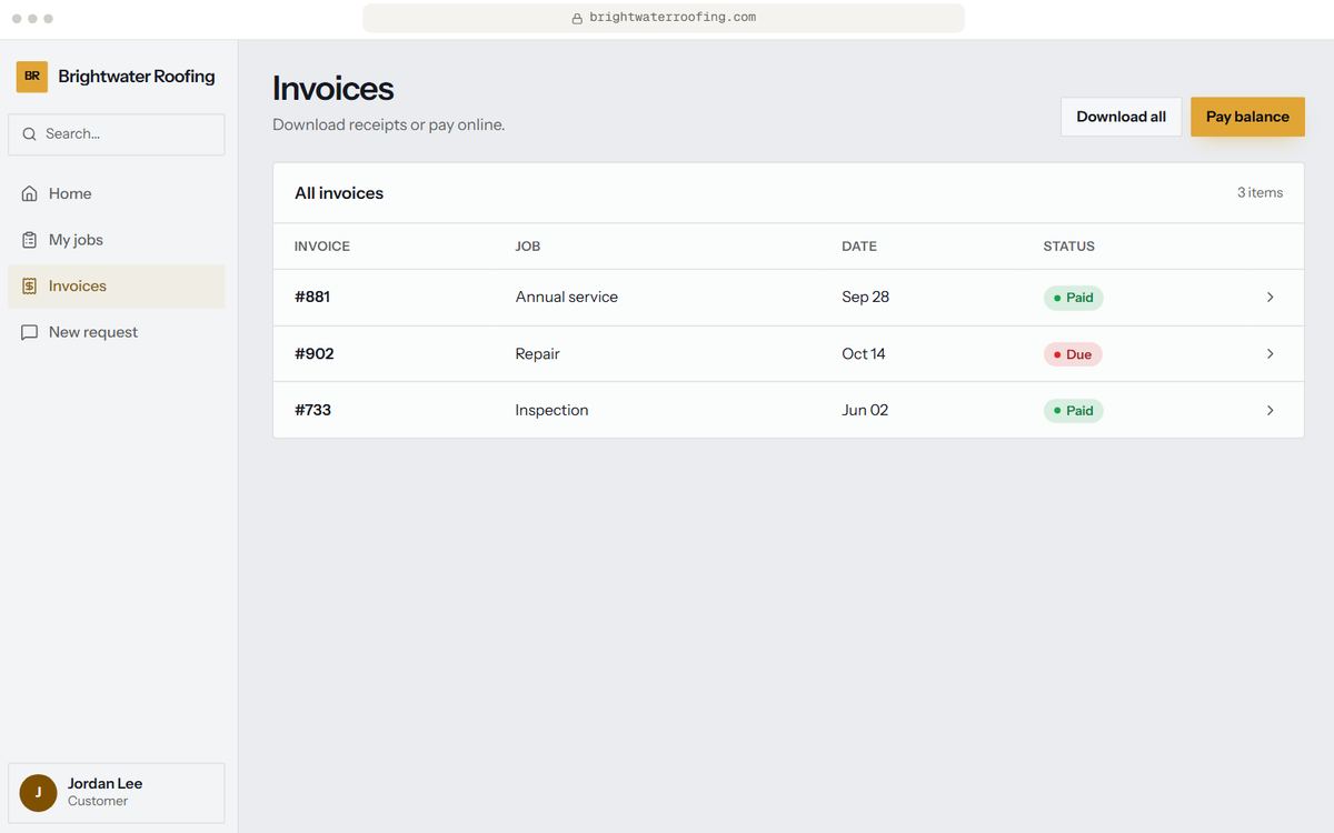 Customer portal prototype, Invoices screen, for Brightwater Roofing, a fictional business. Sample data.