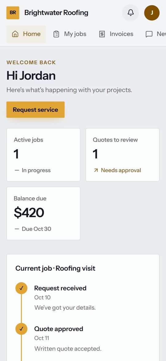 Customer portal prototype, Dashboard screen on a phone, for Brightwater Roofing, a fictional business. Sample data.