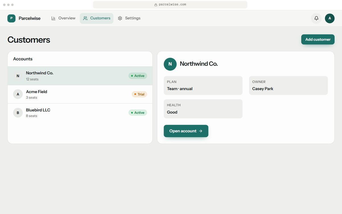 SaaS dashboard prototype, Customers screen, for Parcelwise, a fictional business. Sample data.