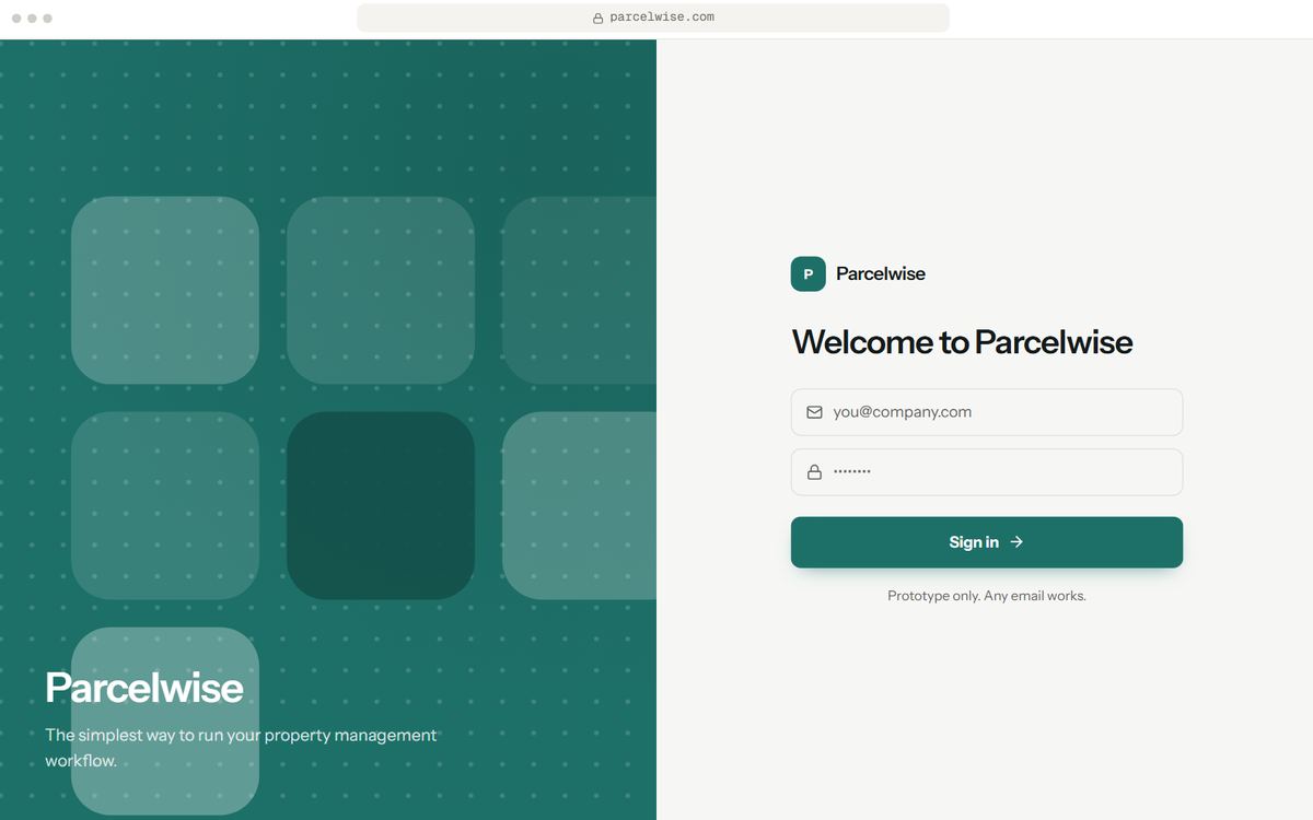 SaaS dashboard prototype, Sign in screen, for Parcelwise, a fictional business. Sample data.