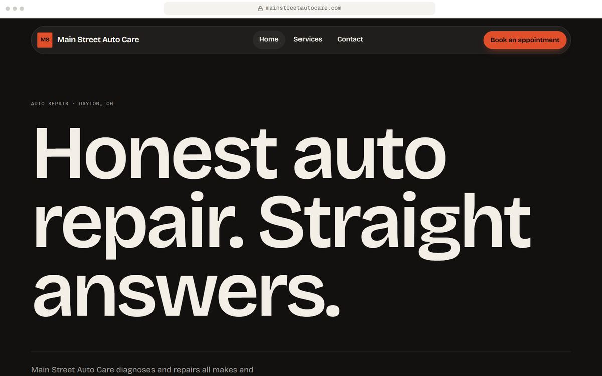 Home page hero of a starter auto repair website for Main Street Auto Care, a fictional business in Dayton, OH, in the Signal direction.
