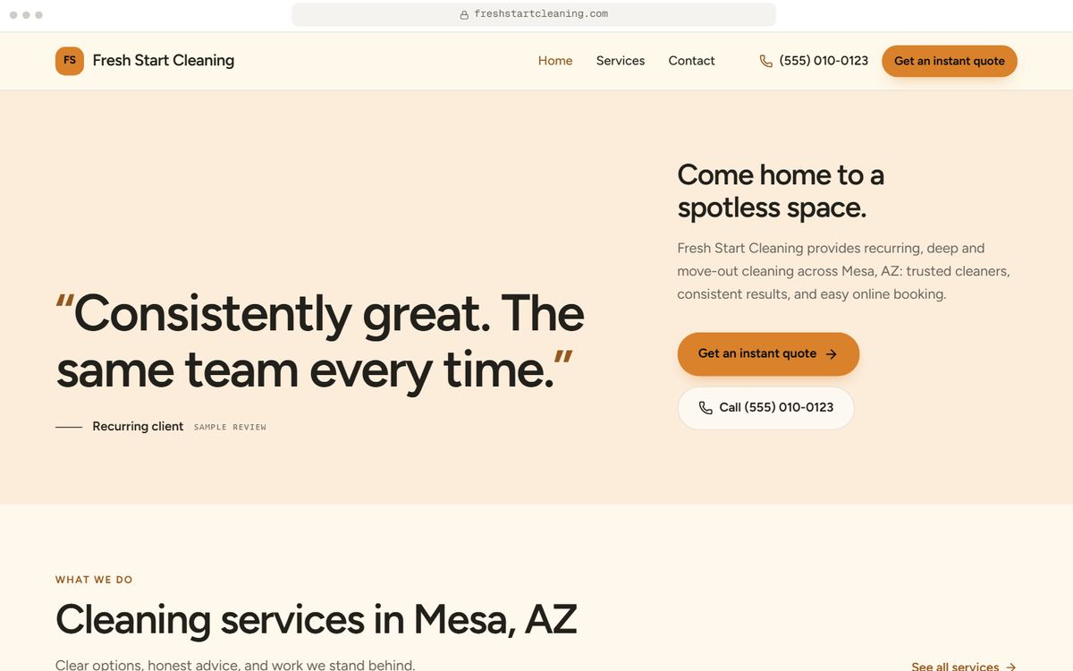 Home page hero of a starter cleaning website for Fresh Start Cleaning, a fictional business in Mesa, AZ, in the Neighbor direction.