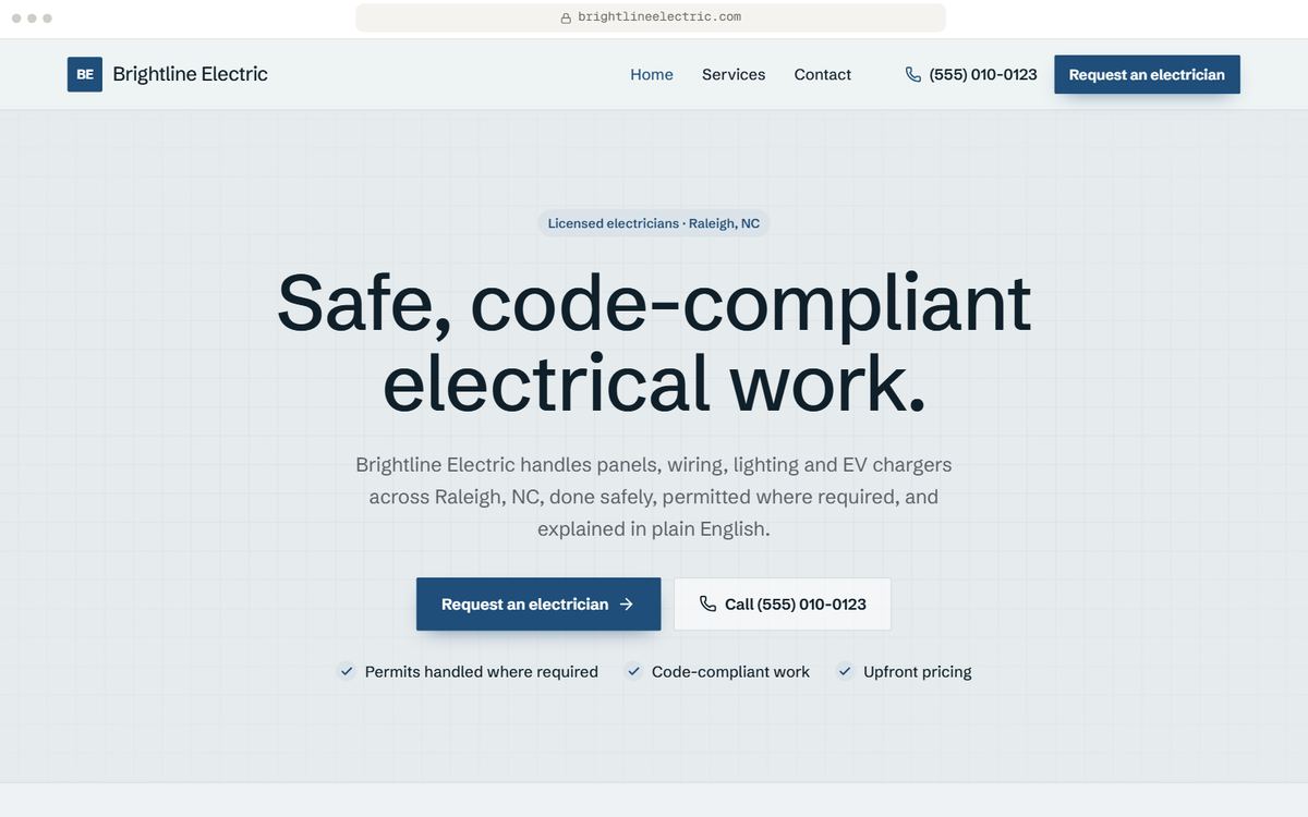 Home page hero of a starter electrical website for Brightline Electric, a fictional business in Raleigh, NC, in the Blueprint direction.