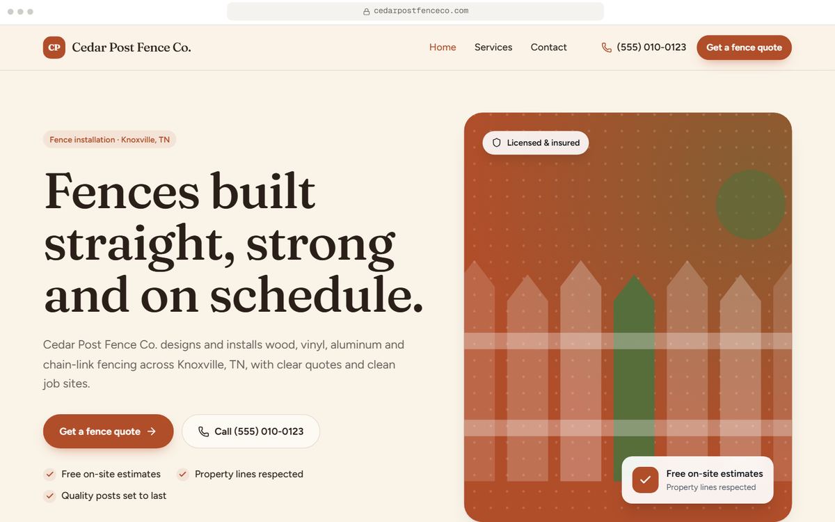Home page hero of a starter fencing website for Cedar Post Fence Co., a fictional business in Knoxville, TN, in the Porchlight direction.