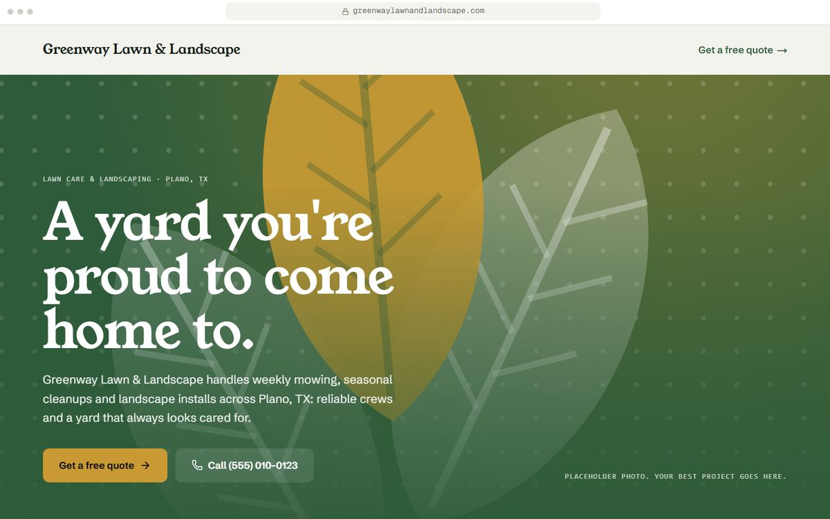 Home page hero of a starter landscaping and lawn website for Greenway Lawn & Landscape, a fictional business in Plano, TX, in the Field Guide direction.