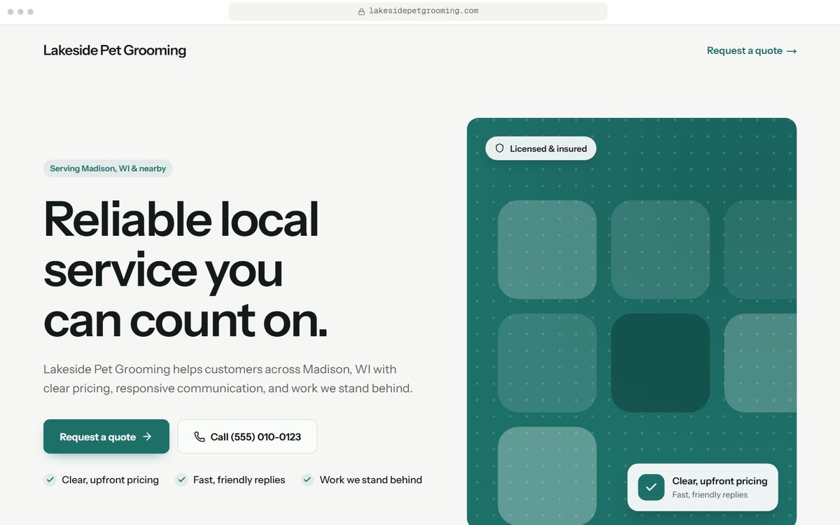 Home page hero of a starter other local service website for Lakeside Pet Grooming, a fictional business in Madison, WI, in the Sea Glass direction.