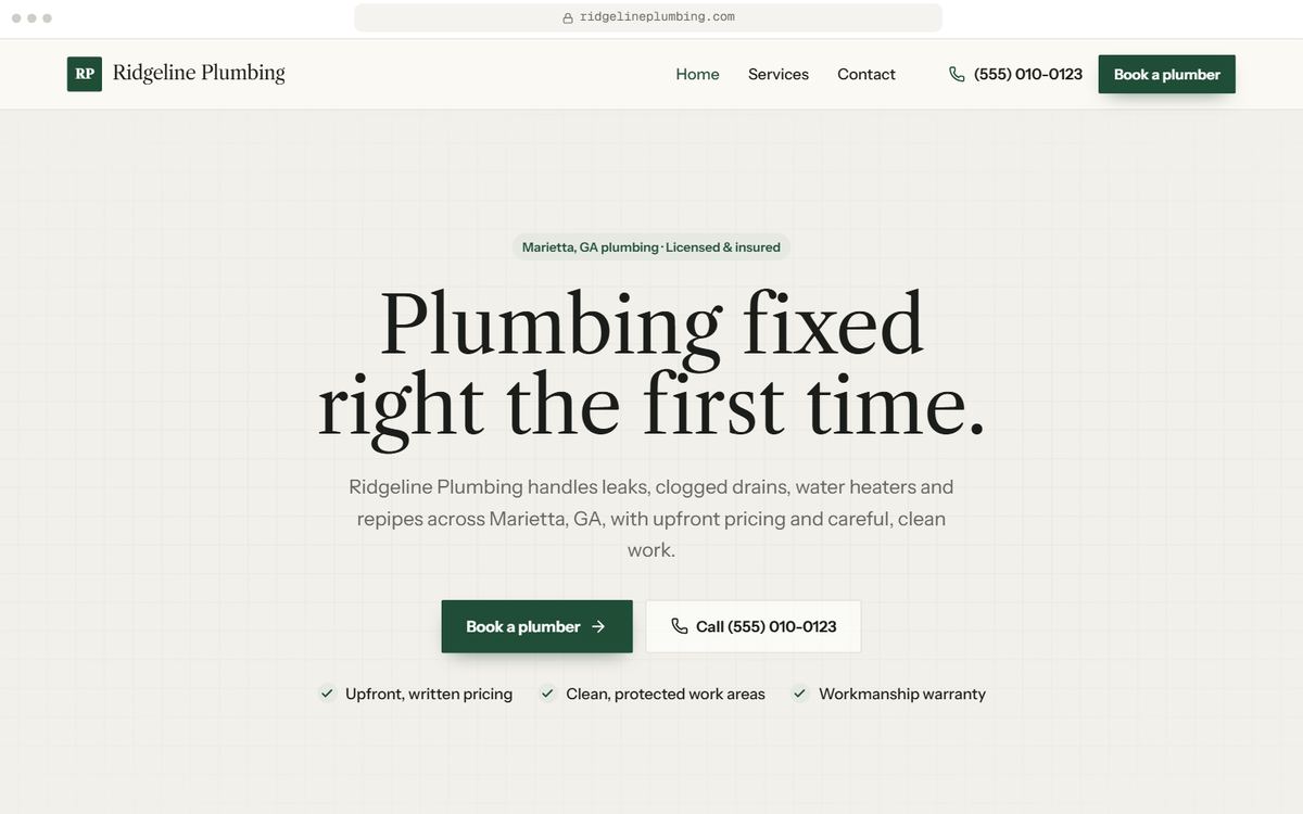 Home page hero of a starter plumbing website for Ridgeline Plumbing, a fictional business in Marietta, GA, in the Established direction.